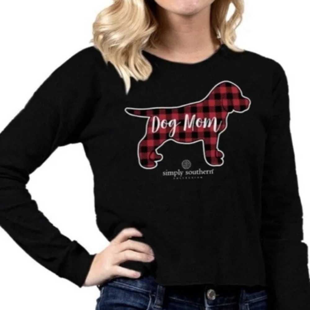 Simply Southern‎ Long Sleeve Cropped T-shirt Dog Mom Black Red Plaid Size XL NWT